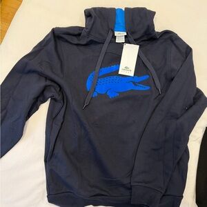 Lacoste Men's Dark Blue Hoodie with Bright Blue Logo